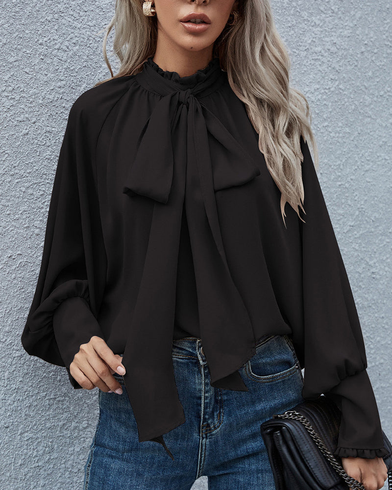 Plain Collared Chiffon Shirt High Neck Bow Tie Bubble Long Sleeve Blouse