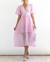 Deep V Neck Short Puff Sleeve Plaid Midi Dress Elegant Button Front Beach Flowy Dress