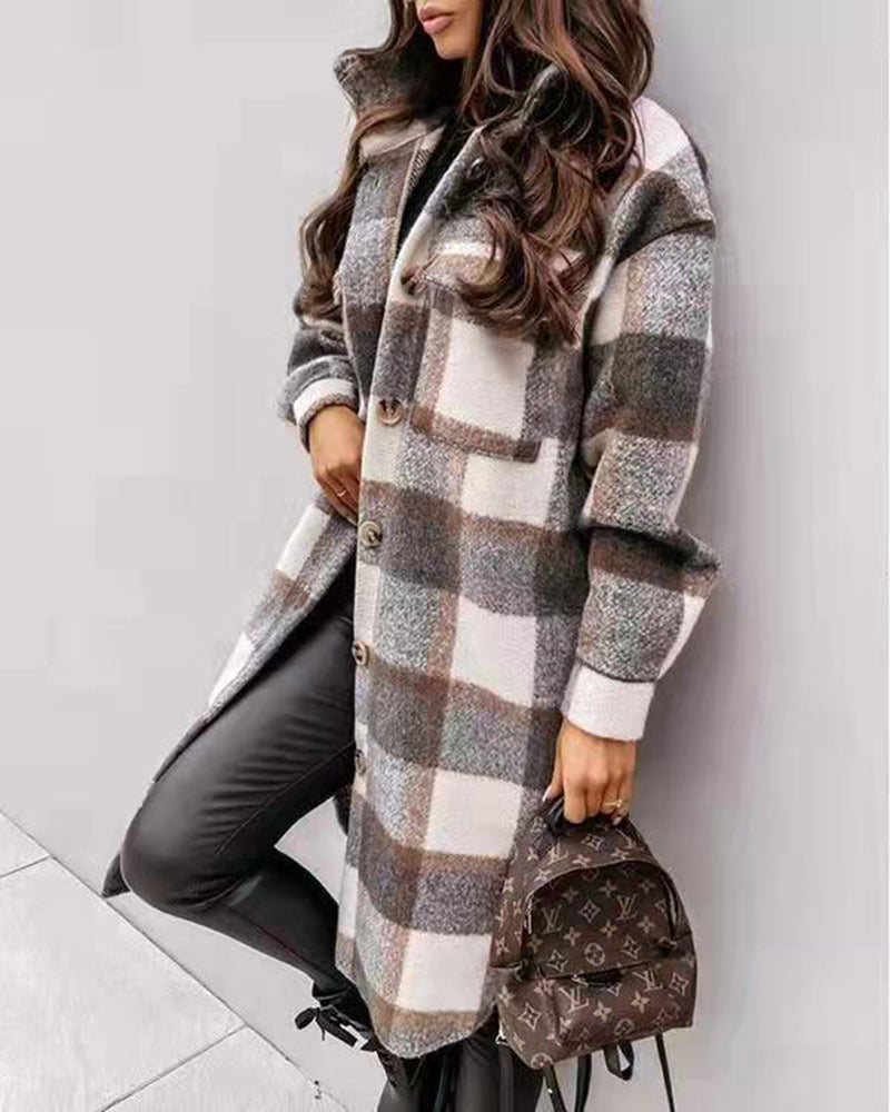 Knee Length Lapel Plaid Flannel Jacket