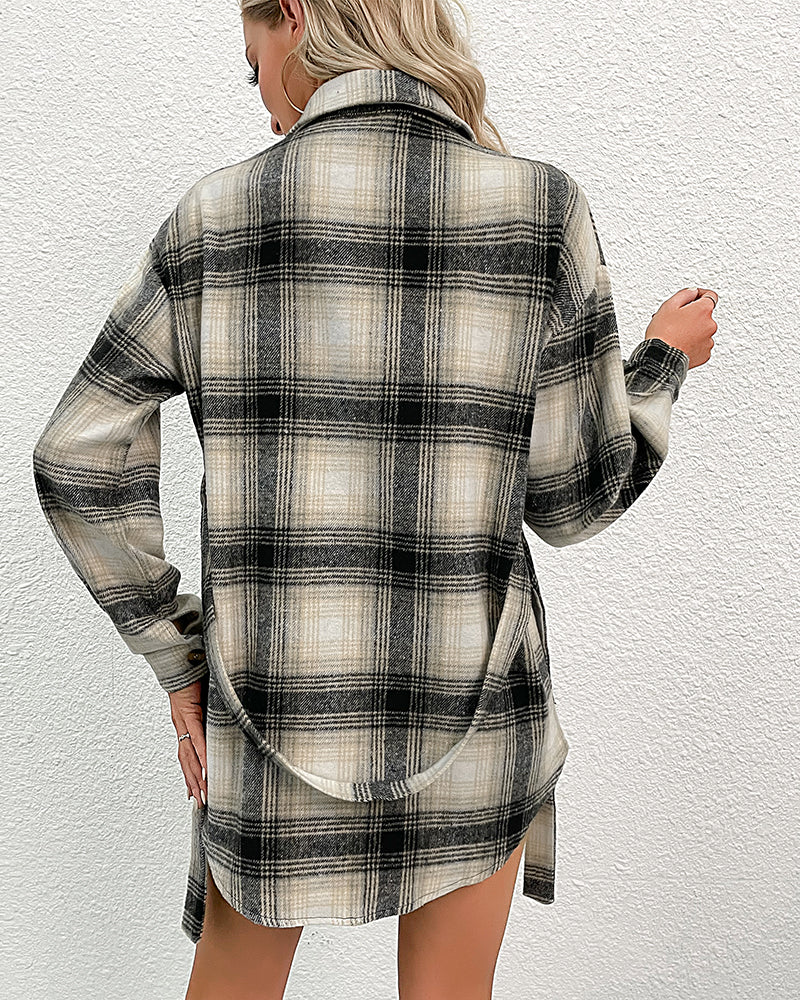 Plaid Drop Shoulder Belted Shirt Coat