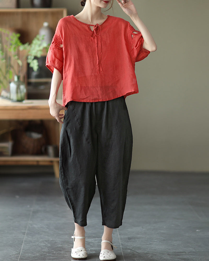 Loose Stitching Solid Color Elastic Waist Cropped Harem Pants