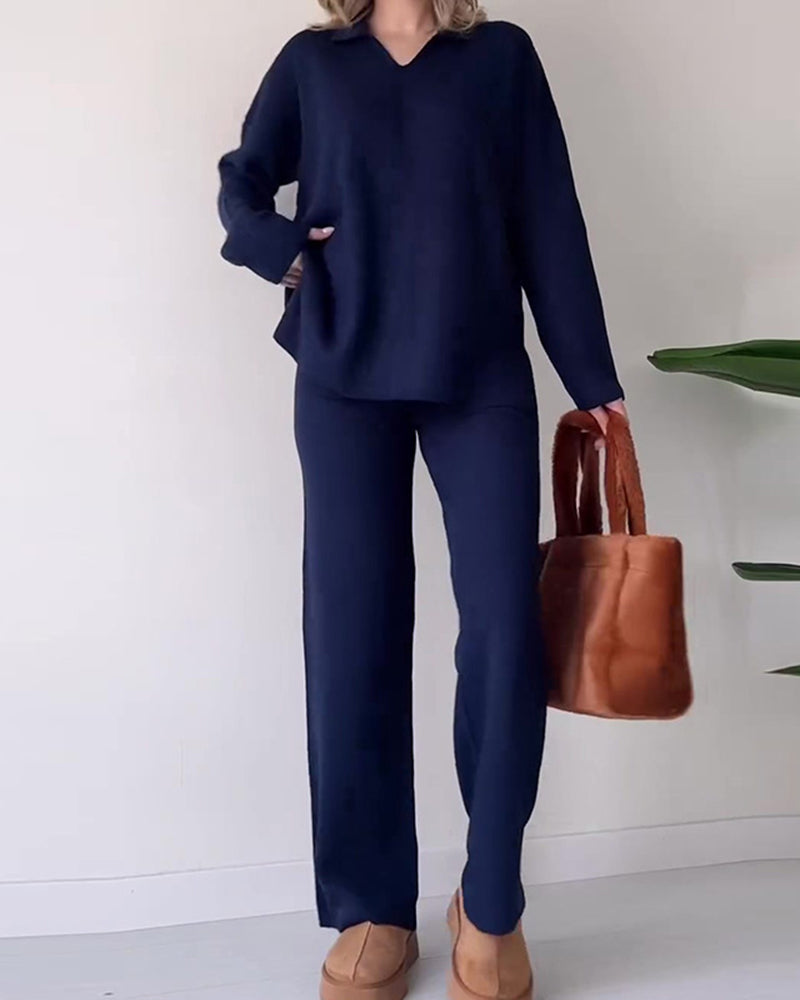 Solid Color Loose Hem Slit Two-piece Sweater Set