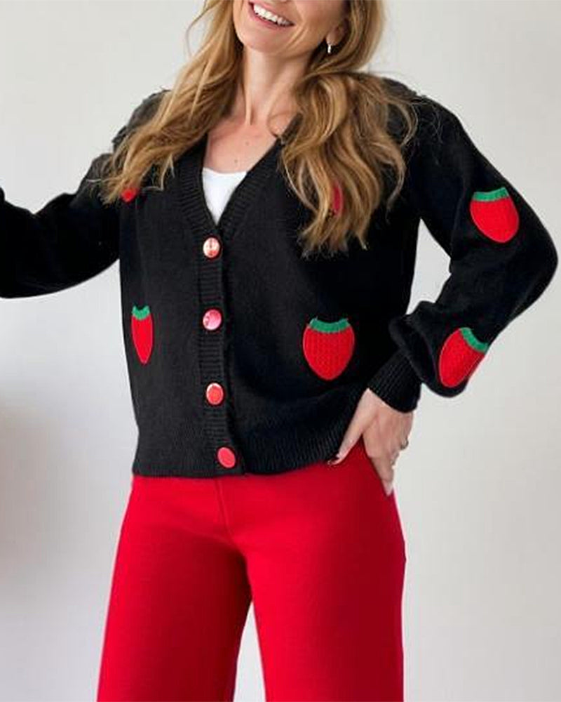 Casual Two Pieces Sets Strawberry Pattern Sweater Cardigan and Long Pants