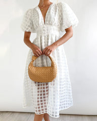 Deep V Neck Short Puff Sleeve Plaid Midi Dress Elegant Button Front Beach Flowy Dress