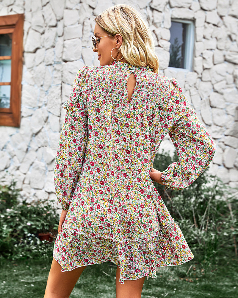 Long Sleeve Dress Boho Floral Ruffle High Neck Mini Dress Casual Loose Pleated Flowy Dresses