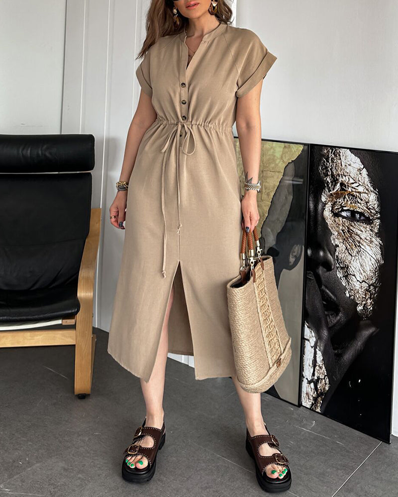 Cotton Linen Dress Round Neck Single Breasted Button Sleeves Drawstring Slit Mid Length Dress