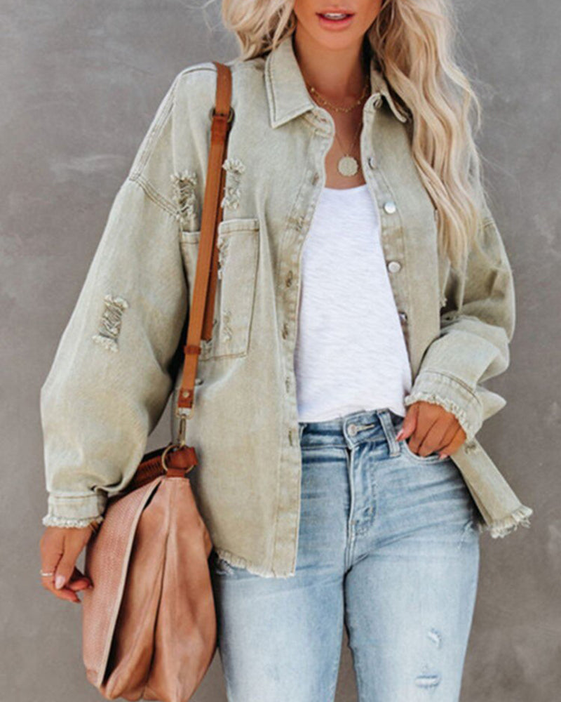 Cropped Jacket Frayed Hem Button Long Sleeves Casual Loose Solid Color Denim Jacket