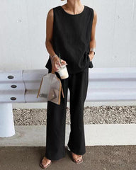 Casual Loose Sleeveless Slit Solid Color Vest Trousers Pants Set