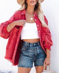 Cropped Jacket Frayed Hem Button Long Sleeves Casual Loose Solid Color Denim Jacket