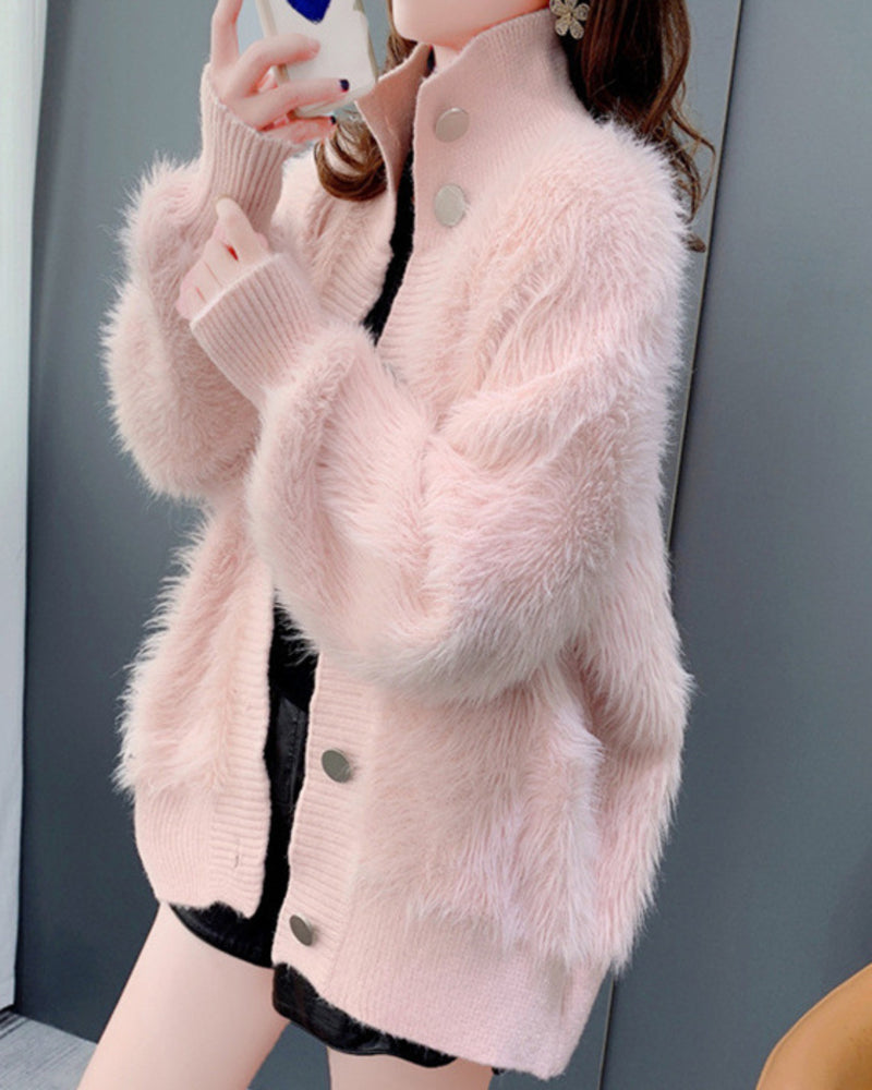 Women's Faux Fur Sweater Cardigan Knitted Turtleneck Jumper Fluffy Coat