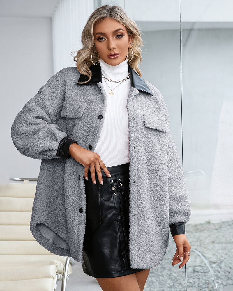 Lapel Collar Plush PU Single-breasted Trench Coat