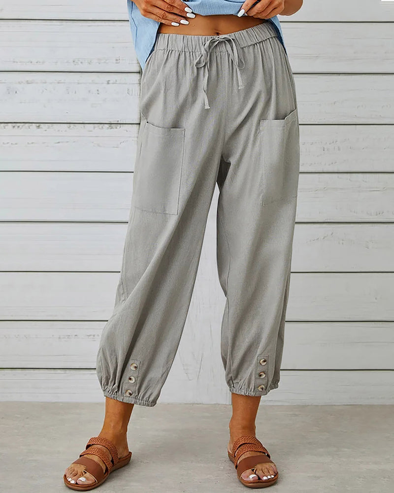 Plus Size Drawstring Soild Elastic Pocket Casual Pants