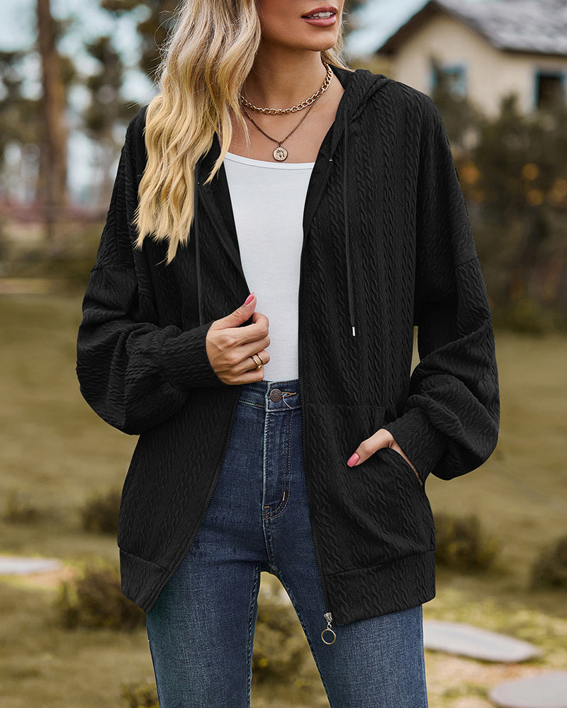 V-Neck Zipper Closure Solid Color Long Loose Hoodie Jacket