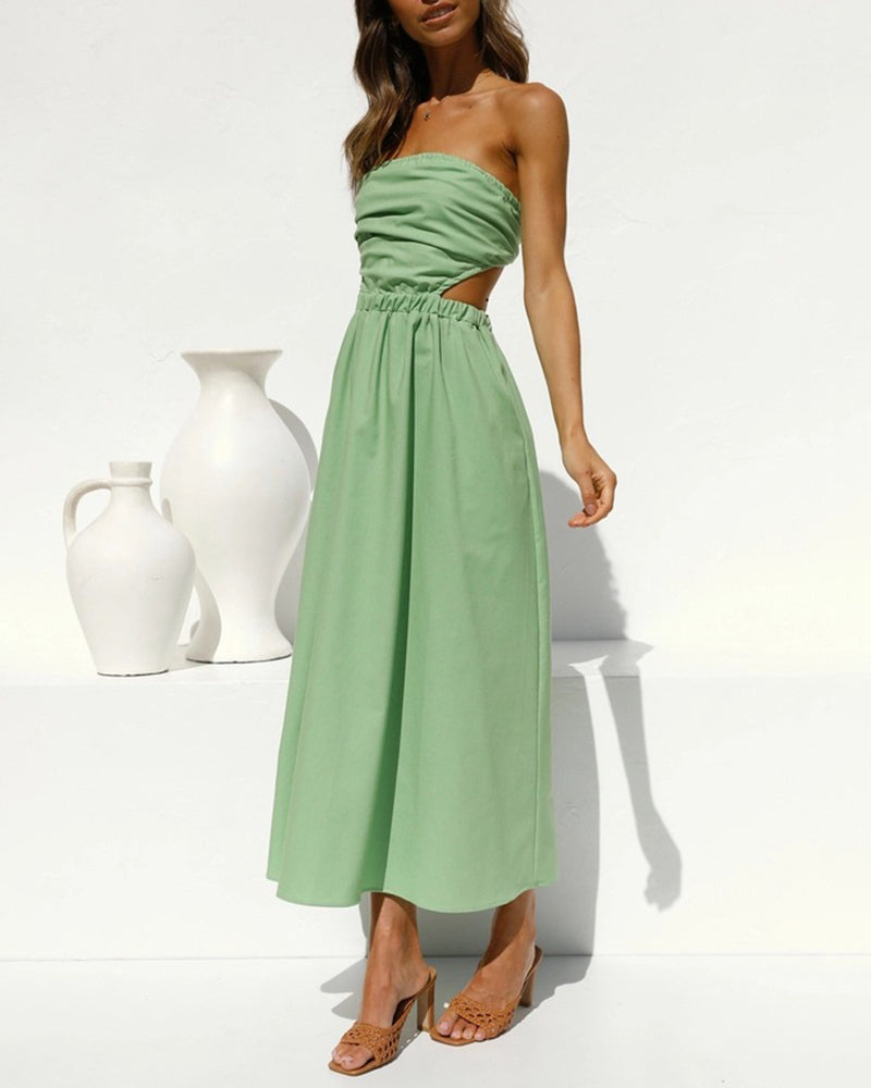 Summer Strapless Dress Off Shoulder Sexy Wrap Dress Solid Color Beach Dress