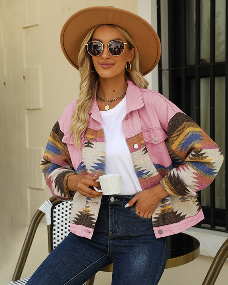 Aztec Lapel Long Sleeve Retro Western Denim Jacket