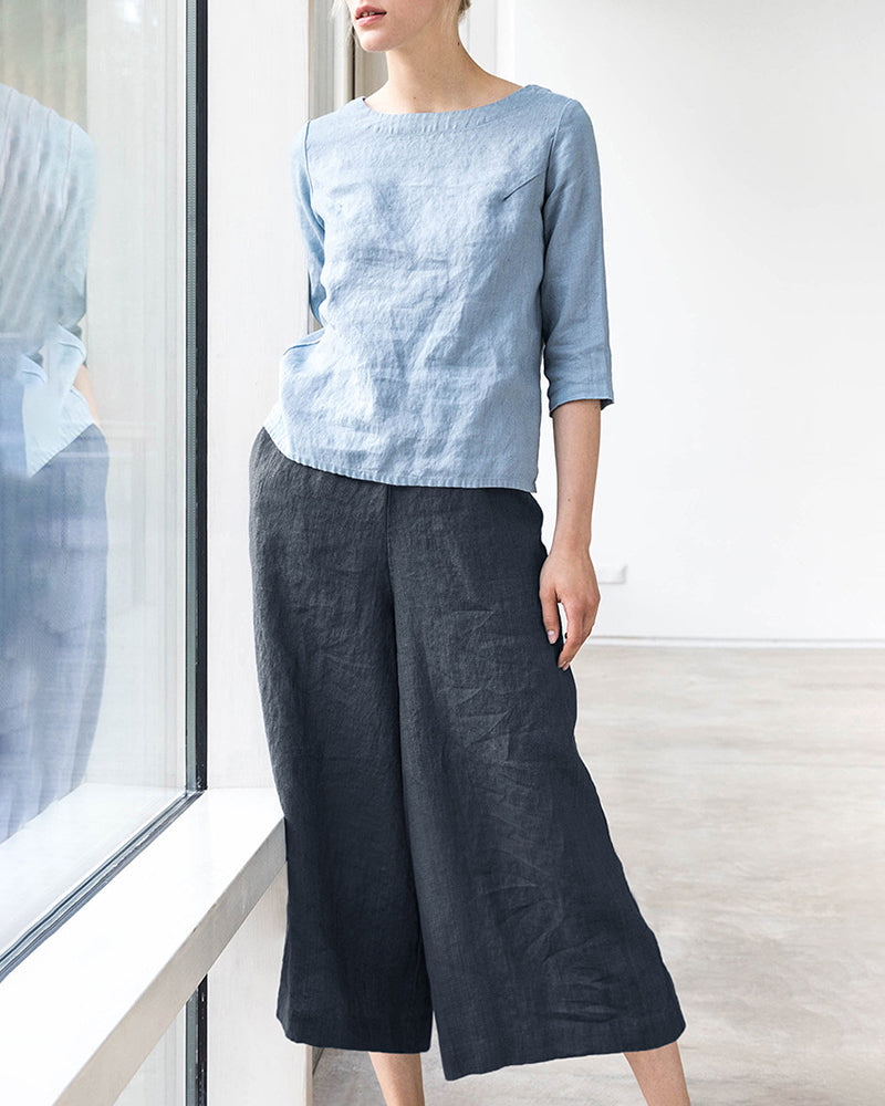 Elastic Waist Cotton Linen High Waist Wide Leg Pants