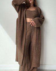 Drop Shoulder Open Front Flannel Coat & Tank Top & Pants Three Pieces Set