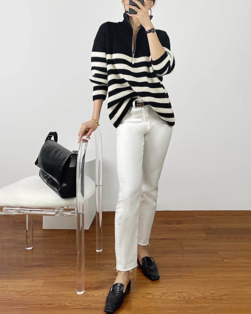 Mock Neck Zip-Up Striped Pullover Sweater