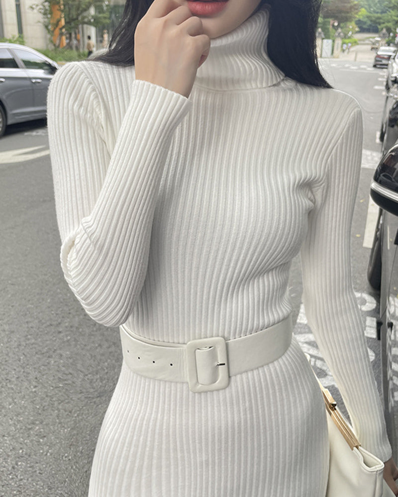Elegant Turtleneck Sweater Dress Slim-fitting Belted Knee-length Knitted Dress