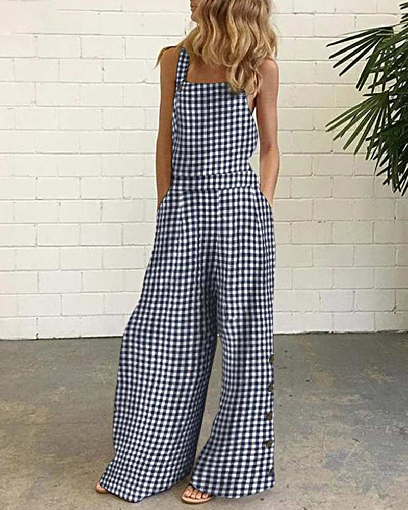 Sleeveless Overalls Jumpsuit Casual Plaid Print Summer Wide Leg Bib Jumpsuits