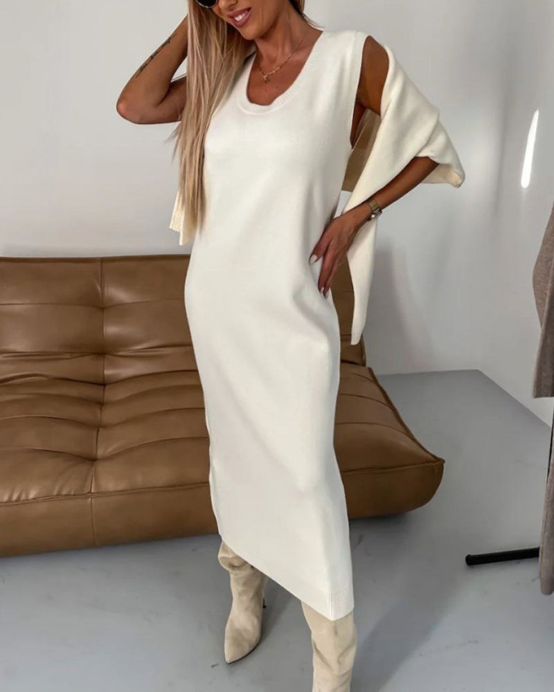 Elegant Two-piece Set Midi Dress and Turtle Neck Sweater Skirt Set