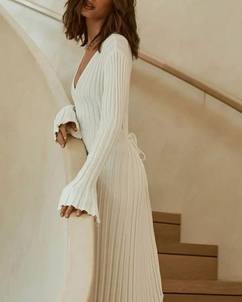 Long Sleeve Dress V-Neck Knit Maxi Dress Ribbed Elegant Long High Waist Pleated Dresses
