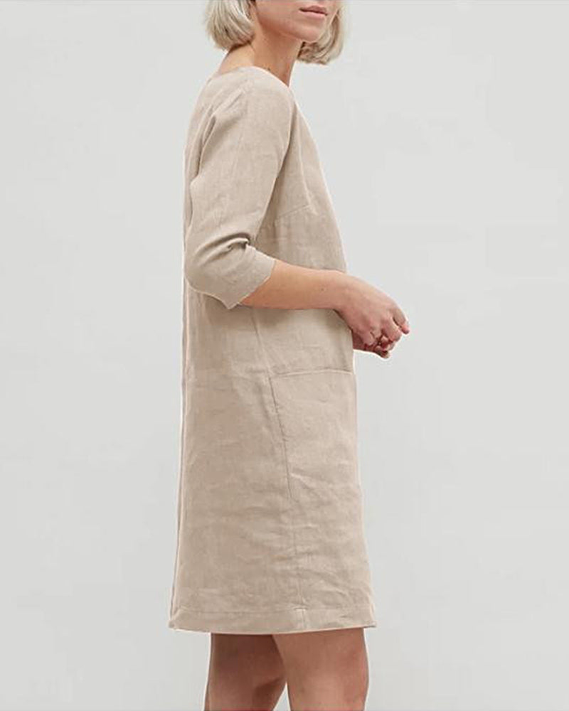 Half Sleeve Solid Color Round Neck Pocket Casual Dress
