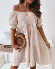 Off Shoulder Summer Casual Dresses Solid Loose Fit Short Flowy Pleated Dress Swing Beach Sundress