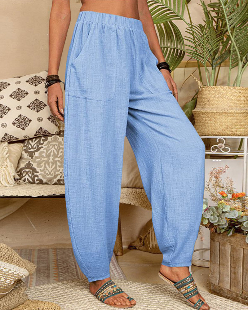 Long Elastic Loose Casual Trousers Harem Pants Pockets Wide Leg Pants