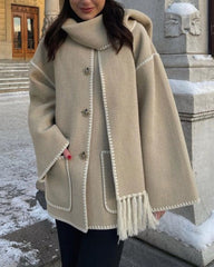 Women's Thickened Loose Woolen Coat with Fringed Scarf