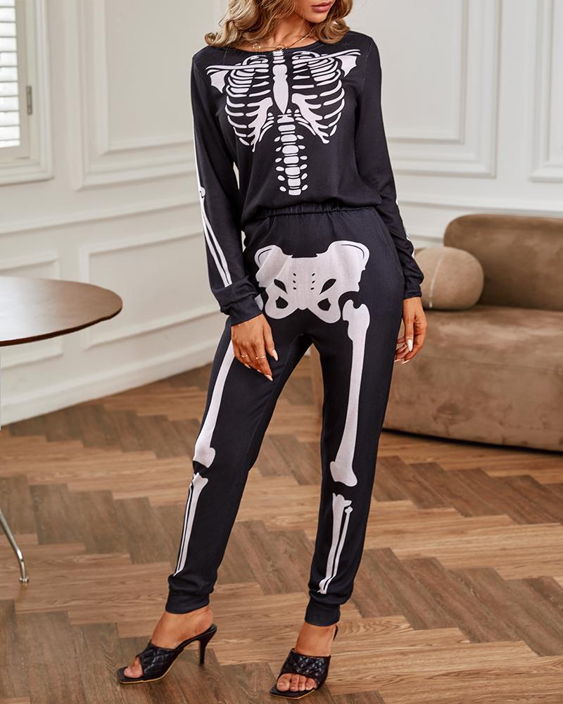 Skeleton Print Top & Pocket Design Pants Set