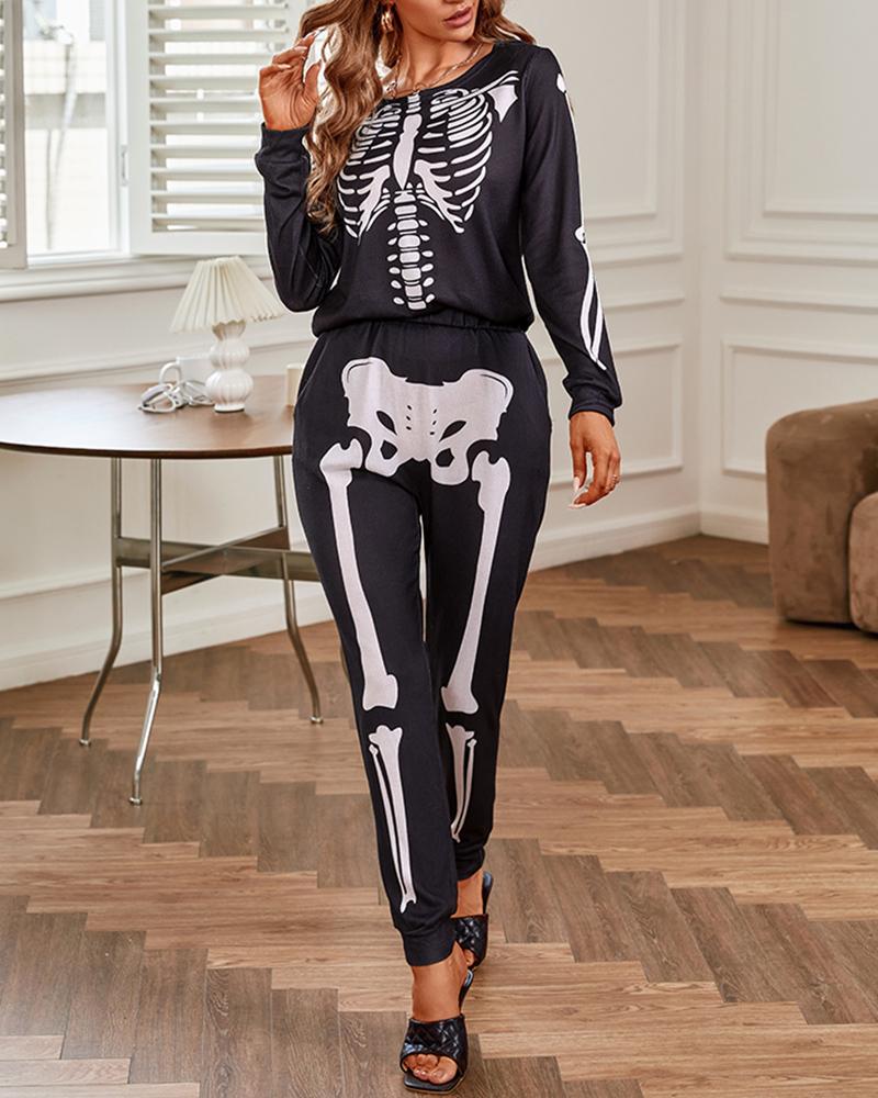 Skeleton Print Top & Pocket Design Pants Set