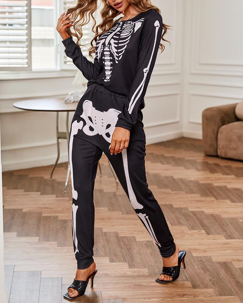 Skeleton Print Top & Pocket Design Pants Set