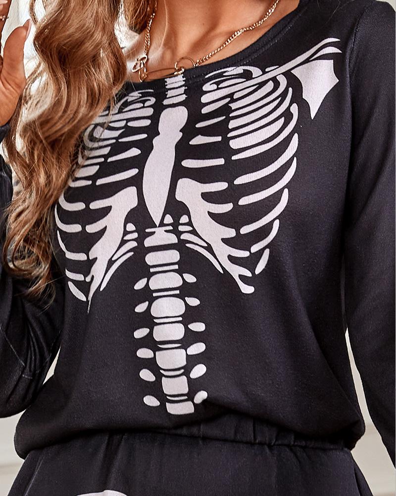 Skeleton Print Top & Pocket Design Pants Set