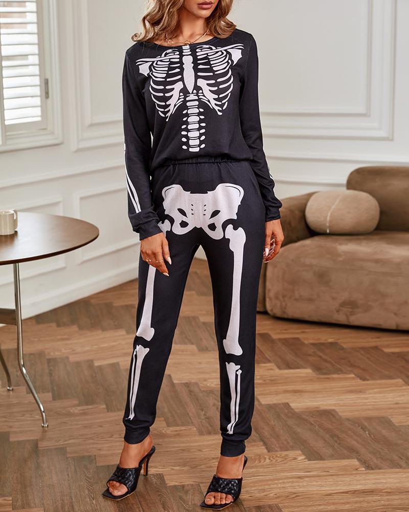 Skeleton Print Top & Pocket Design Pants Set