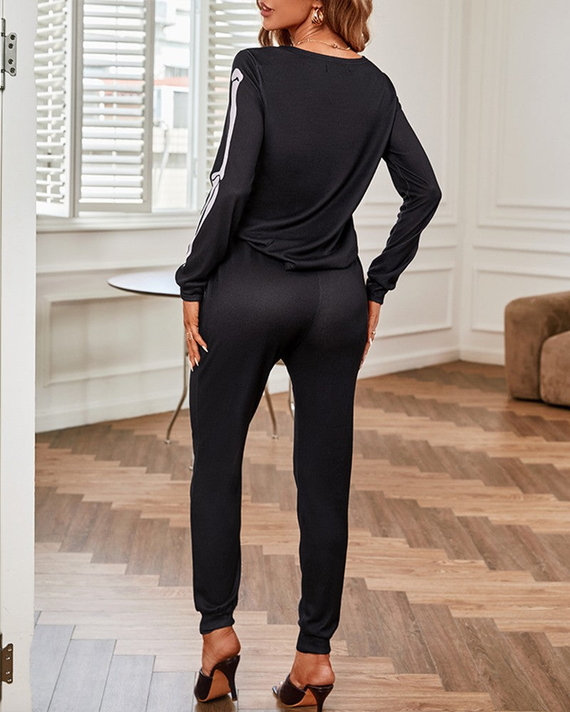 Skeleton Print Top & Pocket Design Pants Set