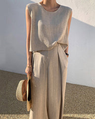 Sleeveless Suits Solid Sets Crew Neck Tank Tops And Wide Leg Long Trousers