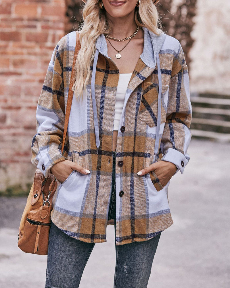 Casual Mid-length Plaid Shirt Hooded Jacket