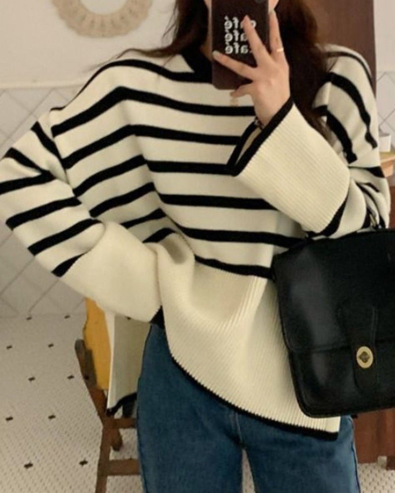 Round Neck Striped Sweater Top Loose Side Slit Pullover Sweater