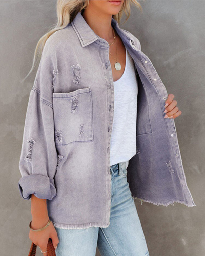 Cropped Jacket Frayed Hem Button Long Sleeves Casual Loose Solid Color Denim Jacket