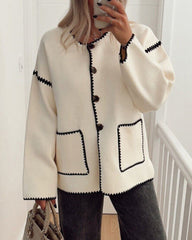 Buttoned Crew Neck Loose Color Block Knitted Jacket