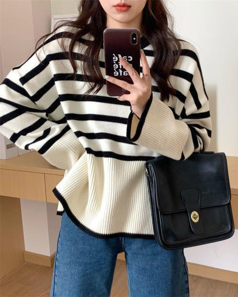 Round Neck Striped Sweater Top Loose Side Slit Pullover Sweater