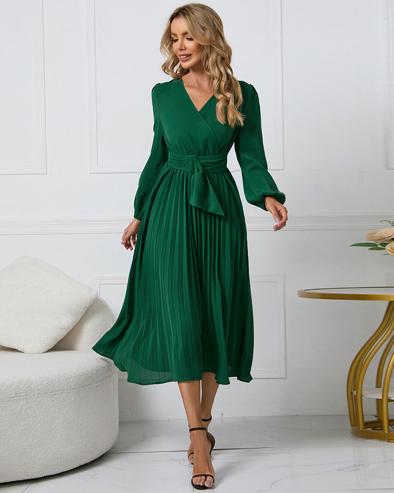 Elegant Wrap V Neck Lantern Sleeve Bulted Pleated Flowy Midi Dress