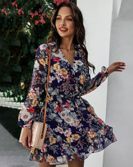 V-neck Long-sleeved Chiffon Print Dress