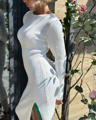 Slit-fitting Sweater Dress Long-sleeved Knitted Mid-length Dress