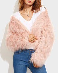 Faux Fur Coat Long Sleeve V-Neck Plush Warm Jacket Coat