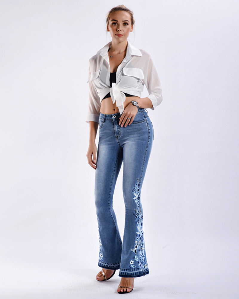 Stretch Embroidered Print Denim Wide Leg Trousers