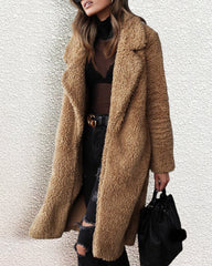 Fuzzy Fleece Lapel Open Front Long Cardigan Coat