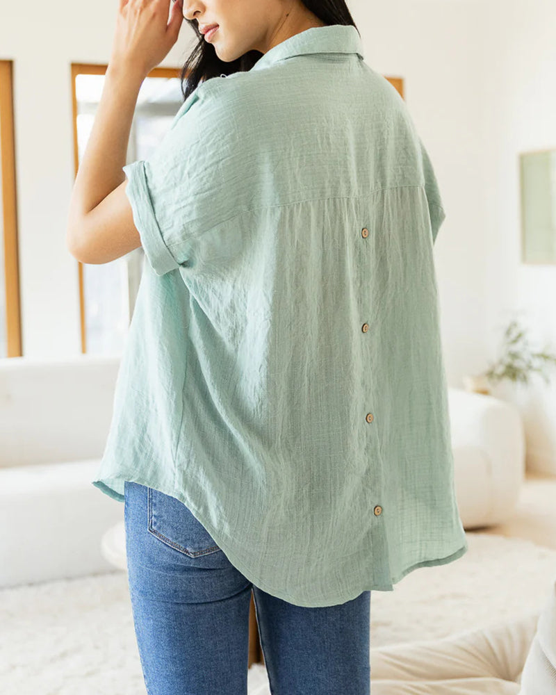 Short Sleeve V-Neck Shirt Button Down Back Irregular Hem T-Shirt Tops