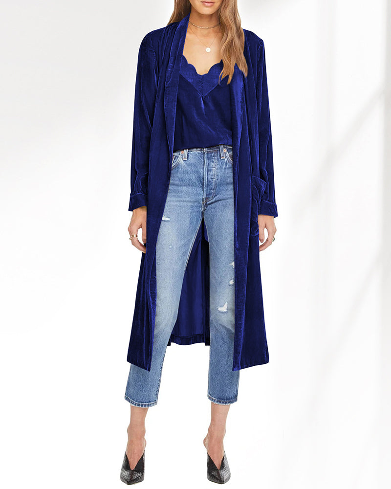 Long Velvet Cardigan Jacket Casual Open Front Velour Lapel Cardigan Maxi Blazer